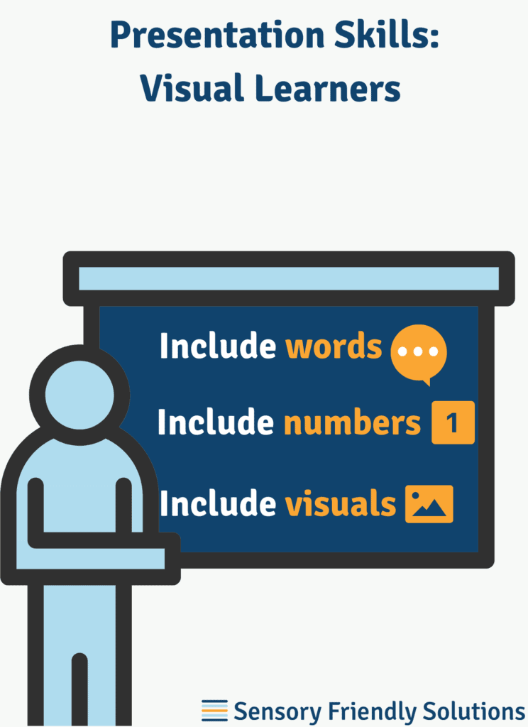 Infographic illustrating 3 ways to improve a presentation for visual learners. 