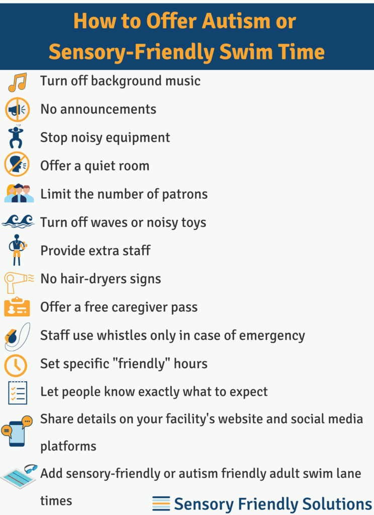 Infographic describing 14 tips to create sensory-friendly swim time.