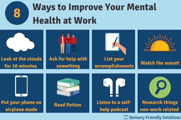 Infographic highlighting 8 ways to improve your mental health at work.