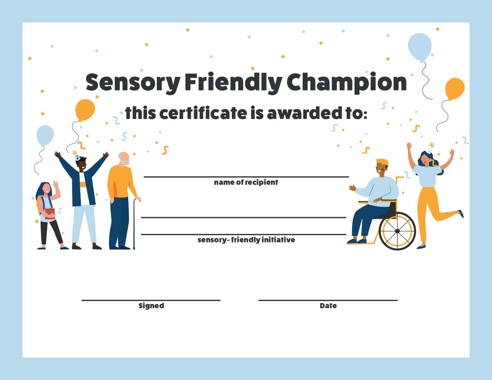 Sensory-Friendly Champion Certificate with the words "this certificate is awarded to"