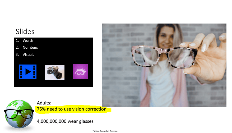 Picture of slide show and person holding glasses.