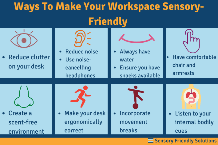 Infographic highlighting 8 ways to make your workspace sensory-friendly.