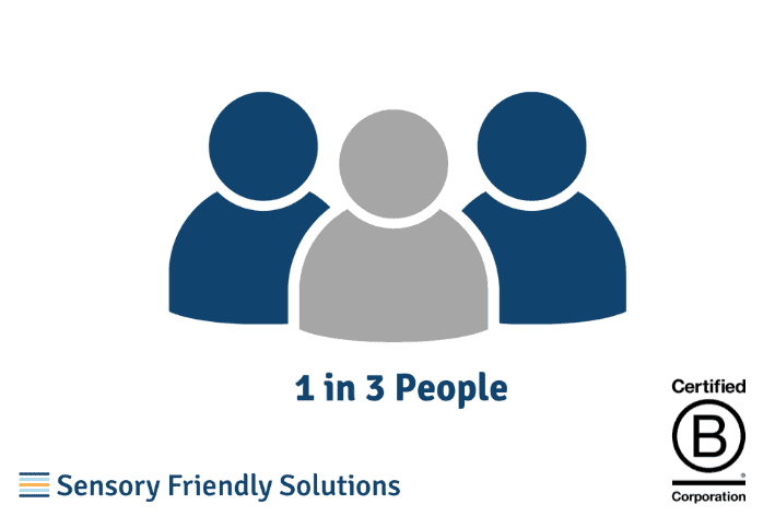 3 people illustrated with 1 grey and 2 blue. Sensory Friendly Solutions logo is on the bottom left, and B corp logo is on the bottom right.