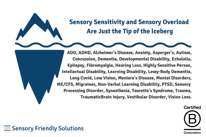 Image of a blue iceberg with the words sensory sensitivity and sensory overload are just the tip of the iceberg with the names of many other issues below the water surface such as ADHD, alzheimers etc. Sensory Friendly Solutions logo is on the bottom left, and B corp logo is on the bottom right.