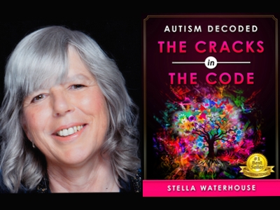 Stella Waterhouse and the cover of her book "Autism Decoded: The Cracks in the Code."