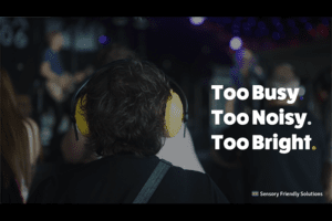 Back of person's head wearing noise cancelling ear muffs and the words too busy, too noisy, too bright are posted.
