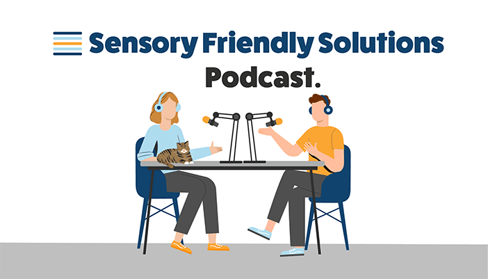 Graphic of the Sensory Friendly Solutions Podcast hosts sitting at a table with microphones