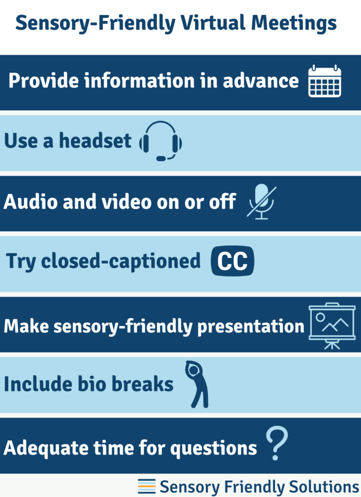 Infographic about ways to make a sensory-friendly virtual meeting.