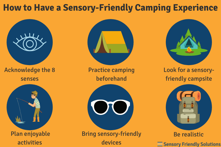 Infographic highlighting 6 ways to have a sensory-friendly camping experience. 