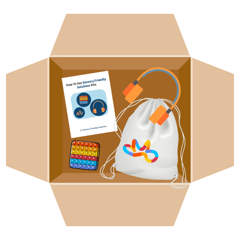 Illustration of a box opened up to contain a guide, headphones, fidget