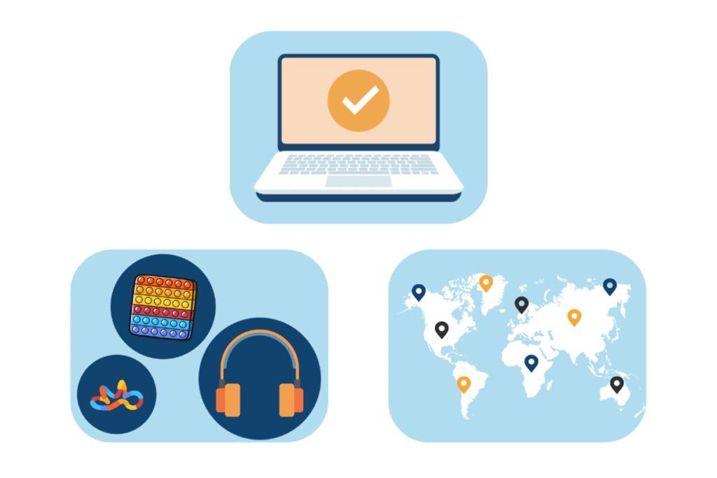 3 illustrations of: a laptop with a big orange checkmark on the streenl map of the world with multiple pins placed all over it; noise cancelling earmuffs; two different kinds of fidget toys