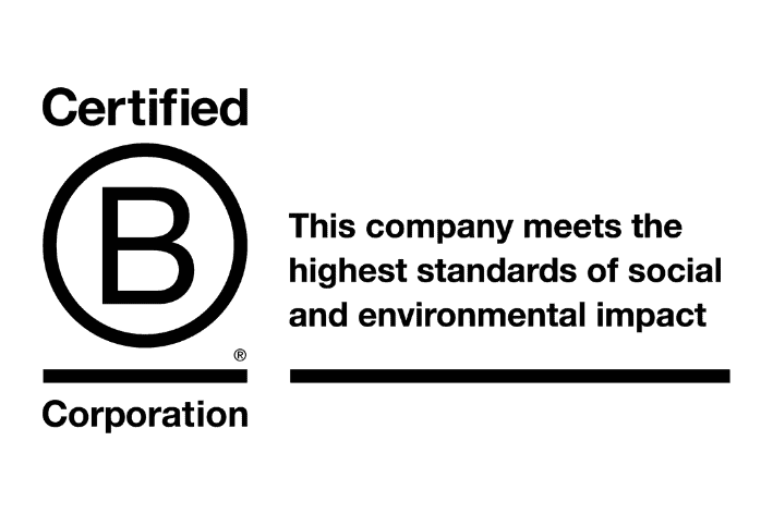 Certified B corporation logo with the words, "This company meets the highest standards of social and environmental impact."