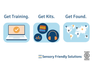 Get Training. Get Kits. Get Found. With icons of a laptop, sensory kits and a map. The Sensory Friendly Solutions logo and B Corp logo bottom right.