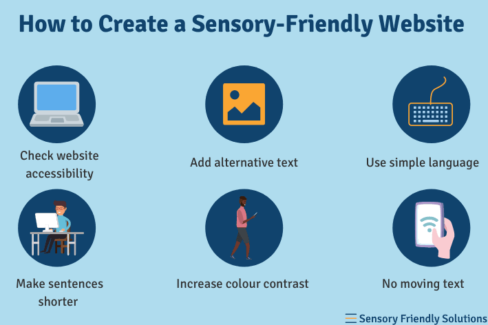 Infographic highlighting 6 ways to create a sensory-friendly website.