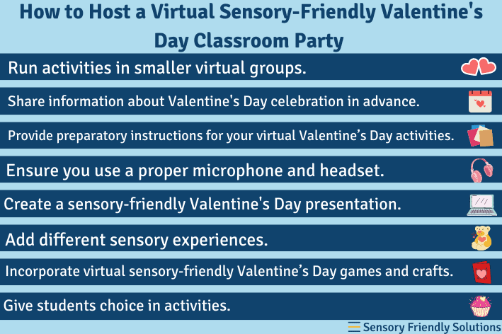 Infographic highlighting 8 ways to have a virtual sensory-friendly Valentine's Day classroom party.