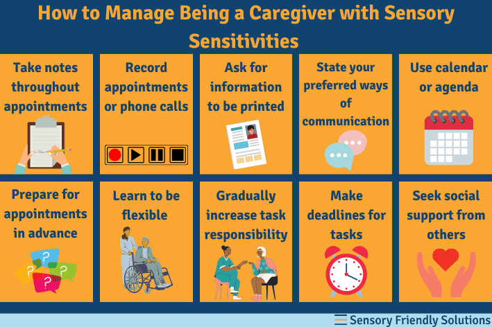 Infographic highlighting 10 ways to manage caregiving with sensory sensitivities. 