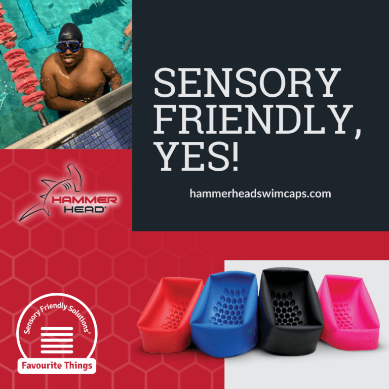 Hammer Head swim caps with the words "Sensory Friendly, Yes!" displayed.