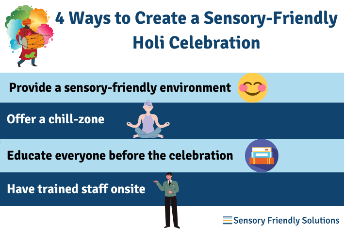 Infographic highlighting 4 ways to create a sensory-friendly Holi celebration.