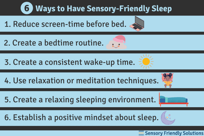 Infographic highlighting 6 ways to have sensory-friendly sleep.