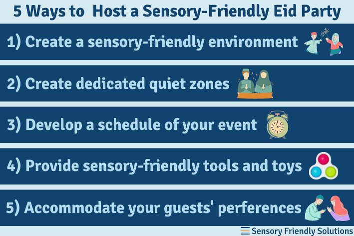 Infographic highlighting 5 ways to host a sensory-friendly Eid party.