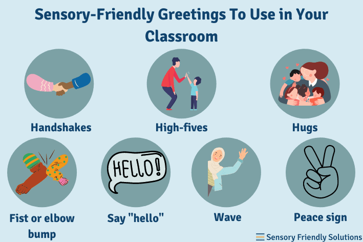 Infographic highlighting 7 ways to use sensory-friendly classroom greetings.