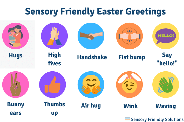 Infographic highlighting 10 different sensory-friendly Easter greetings.