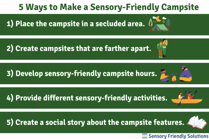 Infographic highlighting 5 ways to create a sensory-friendly campsite.