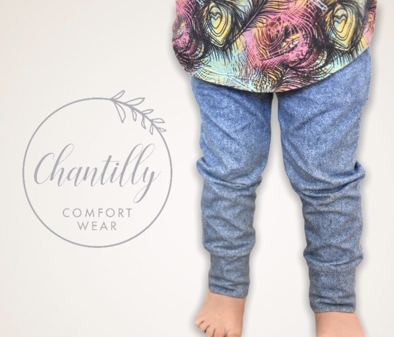 Small child from the waist down wearing sensory-friendly clothing with the Chantilly logo.