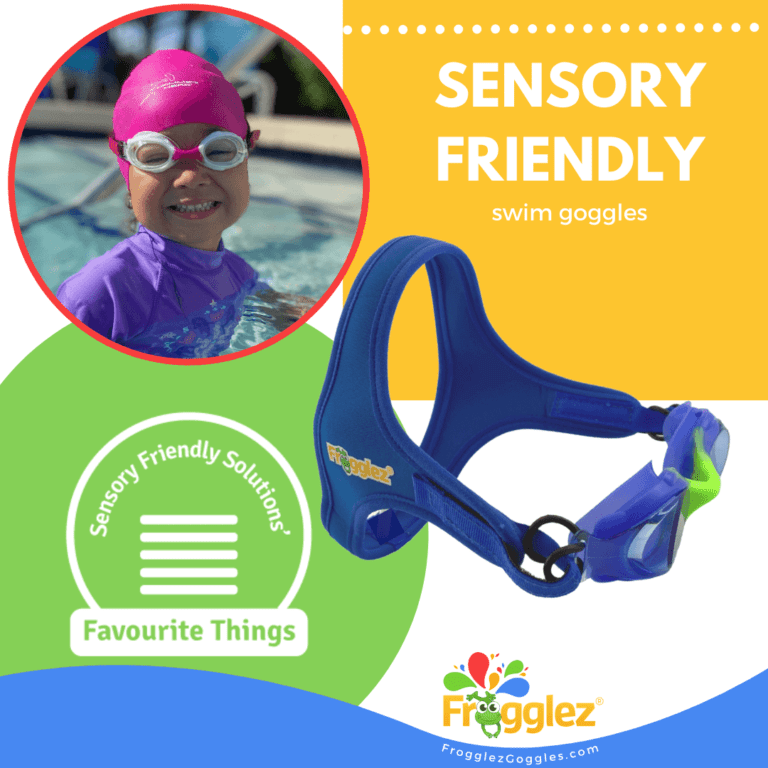 Frogglez swim goggles with the words "sensory friendly" and Sensory Friendly Solutions logo.