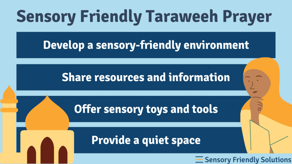 Infographic highlighting 5 ways to have a sensory-friendly Taraweeh Prayer.