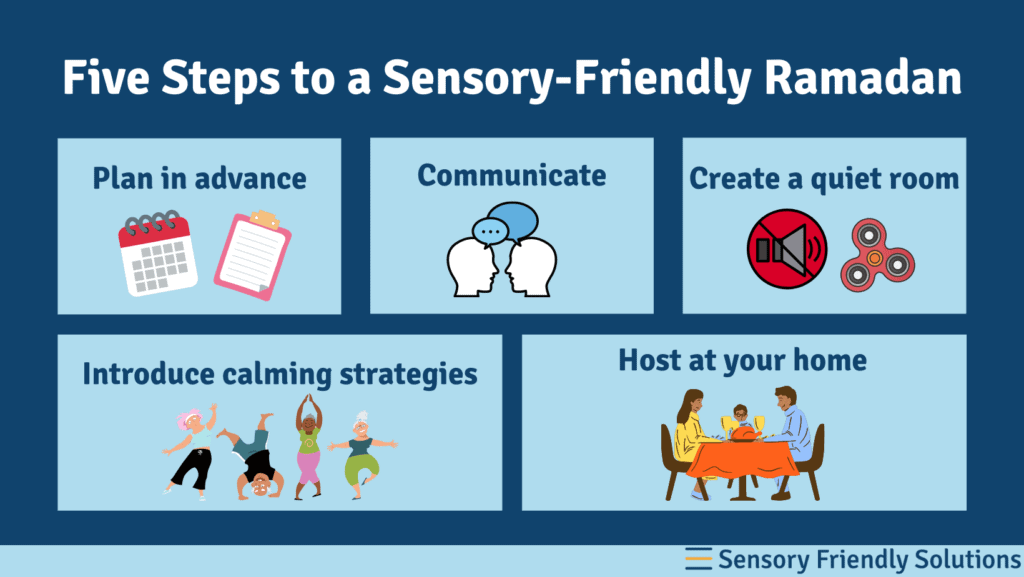 Infographic highlighting 5 ways to have a sensory-friendly Ramadan.