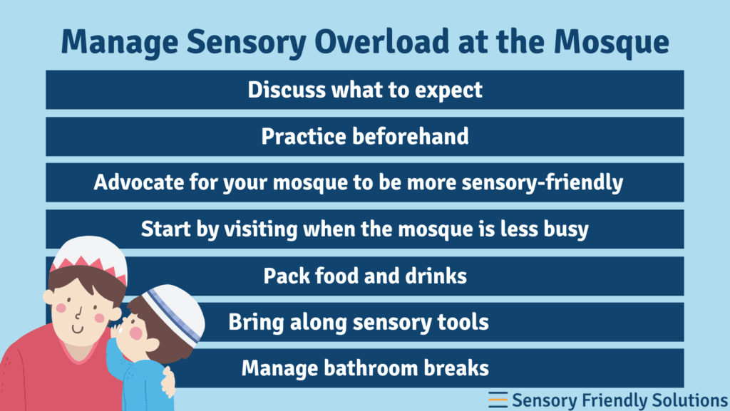 Infographic highlighting 7 ways to manage sensory overload at the Mosque.