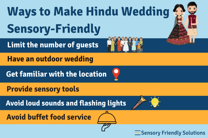 Infographic highlighting 6 ways to make a sensory-friendly Hindu wedding.