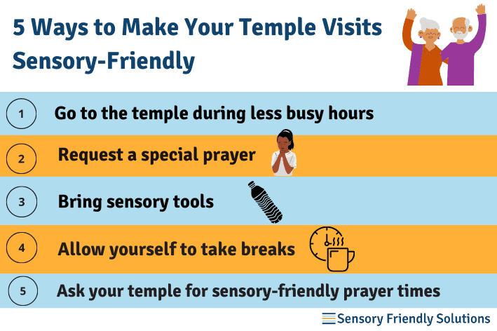 Infographic highlighting 5 ways to make a temple visit sensory-friendly. 