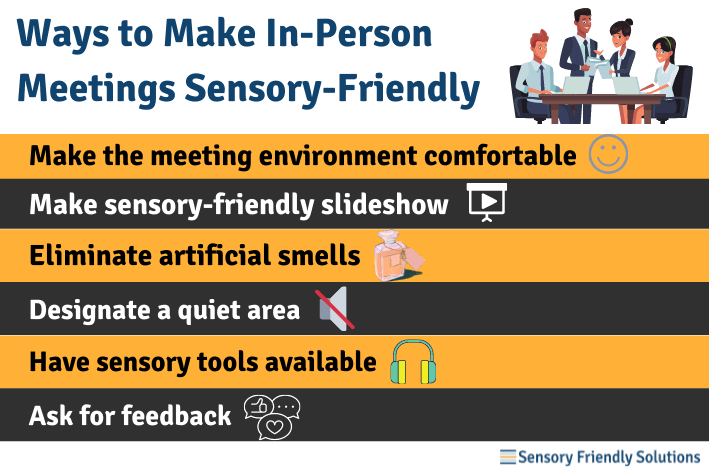 The infographic title is “Ways to Make In-Person Meetings Sensory-Friendly". The Sensory Friendly Solutions logo is attached in the bottom right corner.