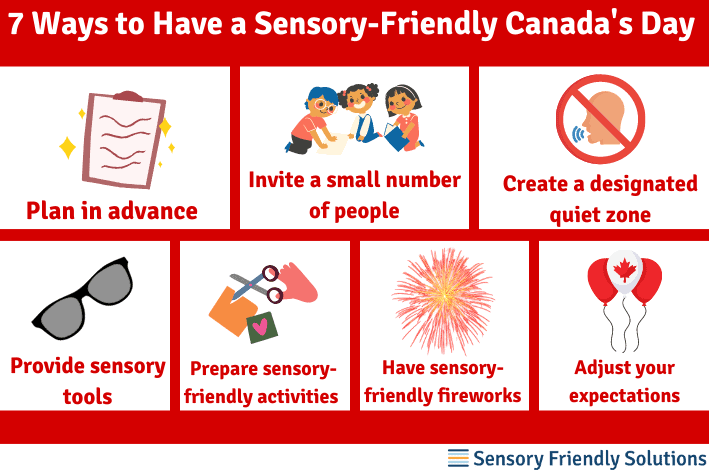 Infographic highlighting 7 ways to host a sensory-friendly Canada Day event.