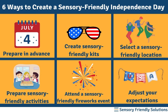 Infographic highlighting 6 ways to host a sensory-friendly Independence Day celebration.