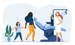 Illustration of dentist chair with a woman dentist, an african mother and child looking reluctant