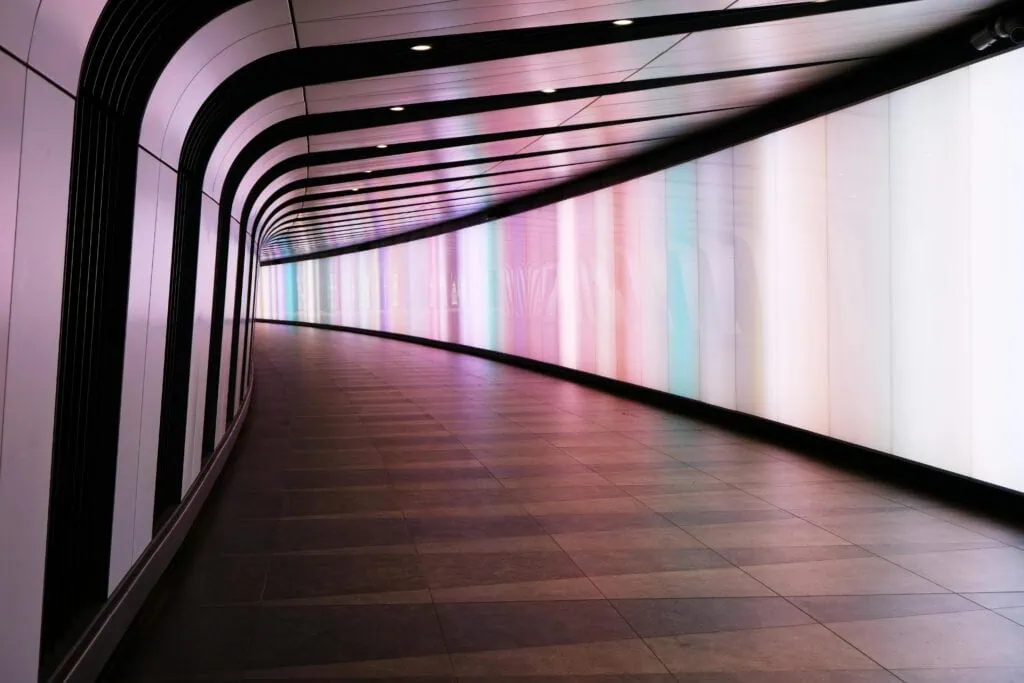 dark corridor with bright lights