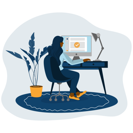 Illustration of a person sitting at a computer desp. The screen displays a big orange checkmark. There is a plan to the left of the desk.