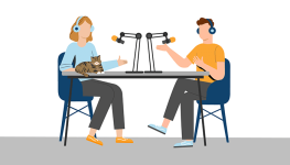 Illustration of two people sitting at a table with headphones on, talking to each other with microphones.